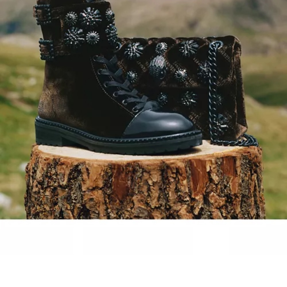Kurt Geiger London Embellished Combat Boots Velvet Leather Buckle - Picture 4 of 8